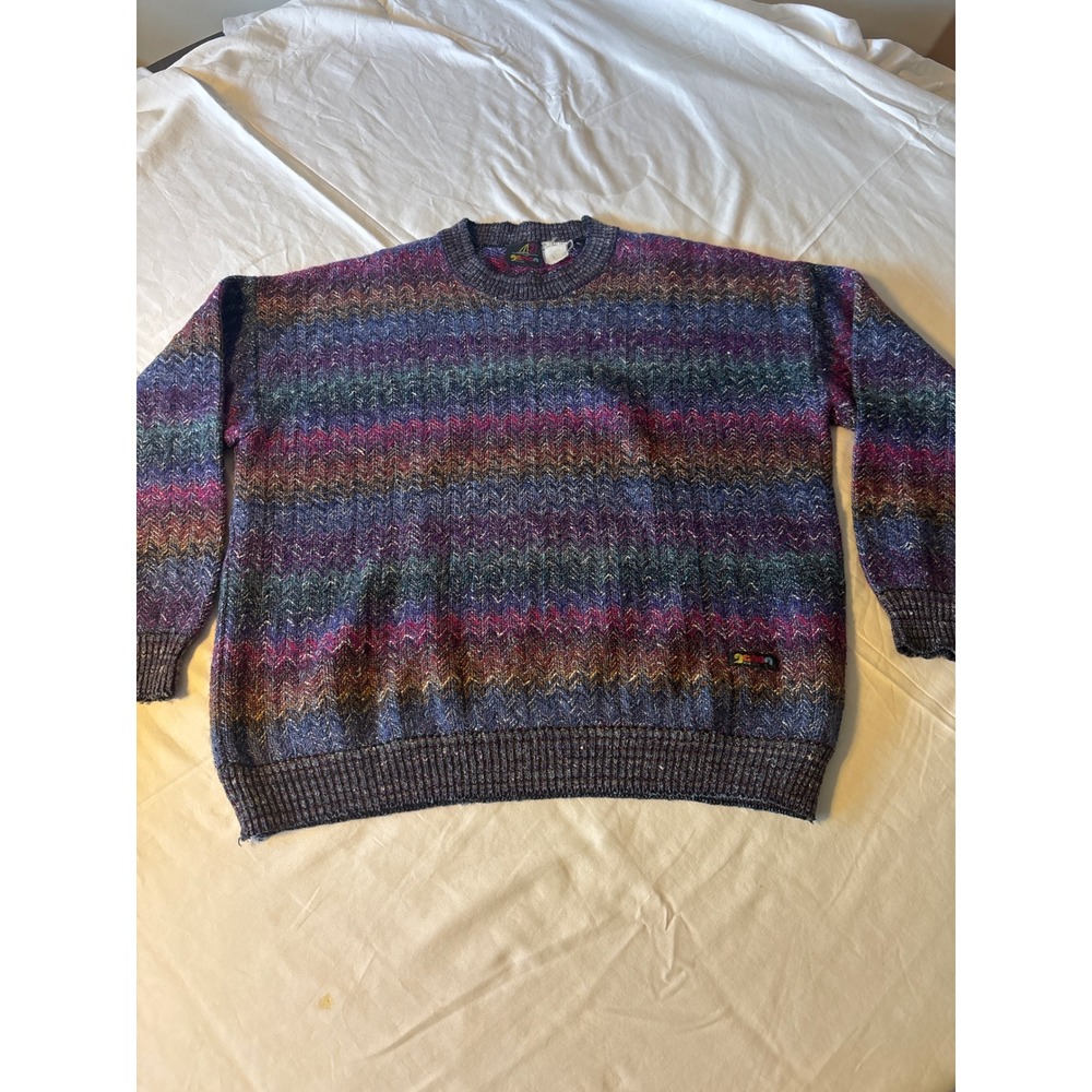 Zeno Design Sweater Mens XL Multi Color Excellent Vintage Zig Zag Knit Pullover